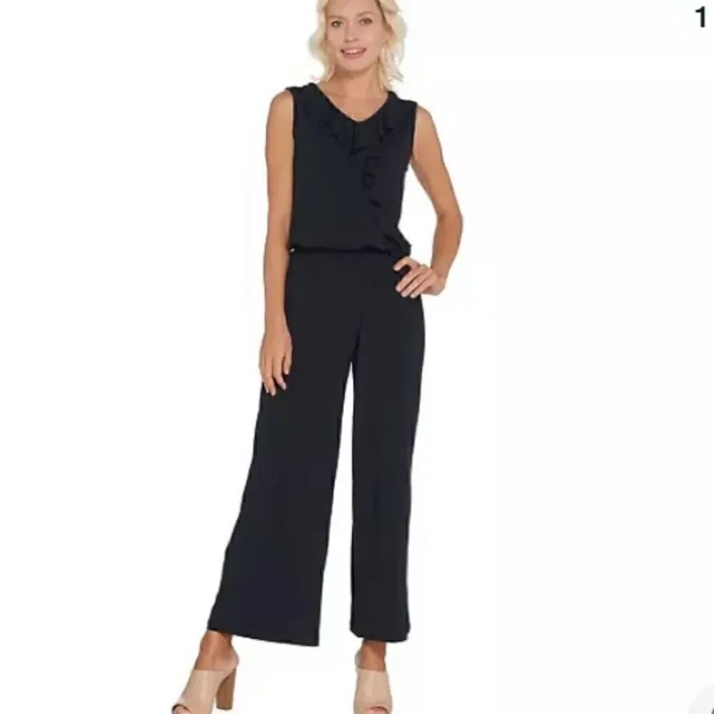 Joan Rivers Classic Collection Jersey Vneck Ruffle Wide Leg Black Ankle Jumpsuit